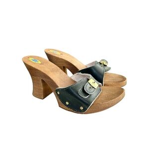 Vintage Rare 70s Dr.Scholls Leather/Wood Platform Sandal Heels